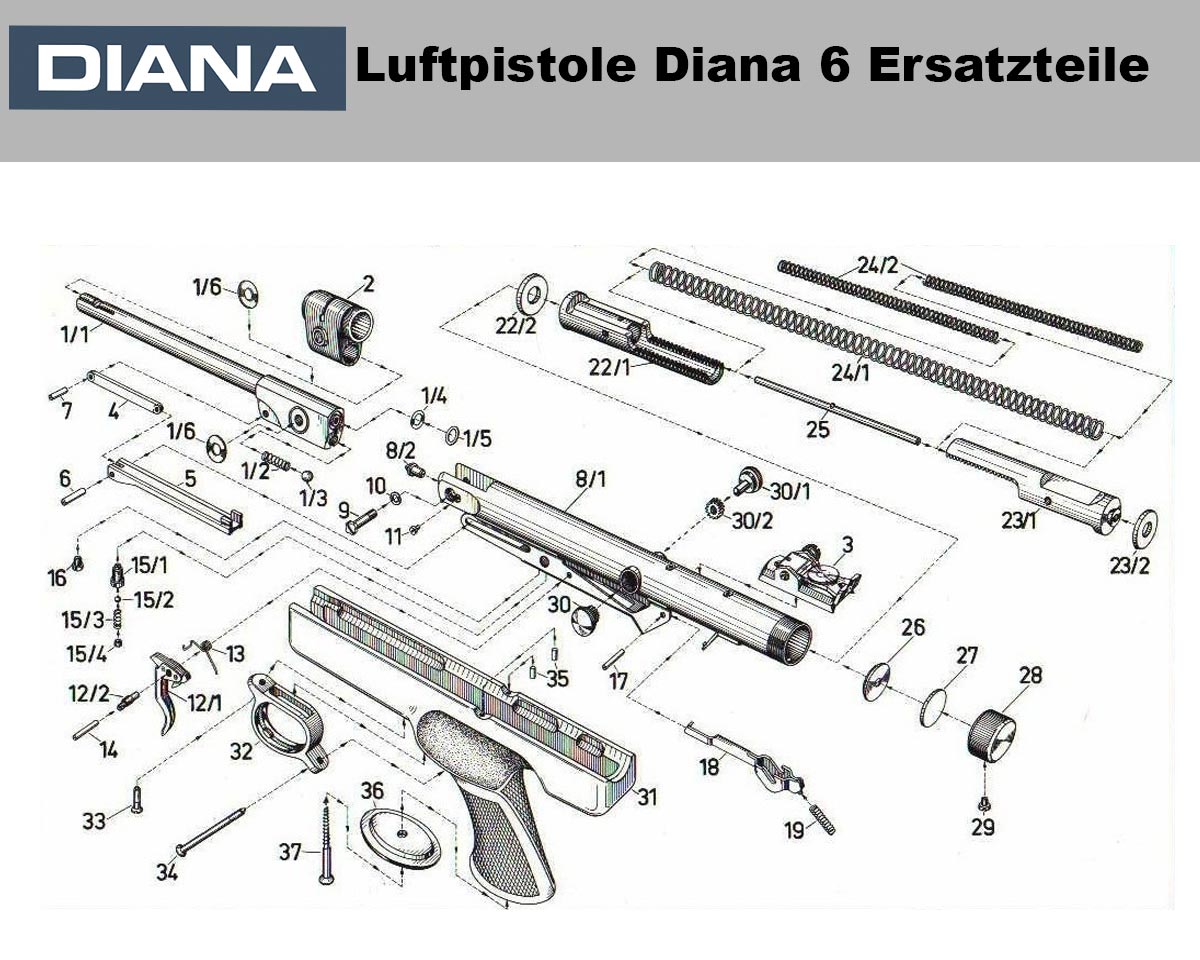 Diana 6 Luftpistole - Ersatzteile und die Explosionszeichnung