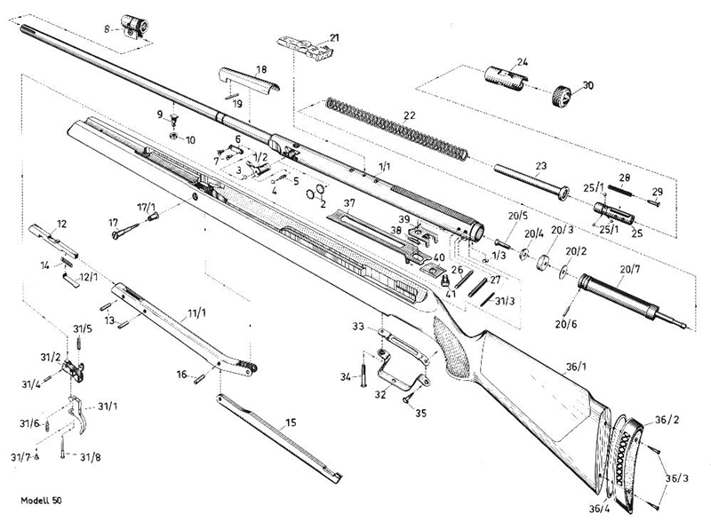 Diana Mod. 50 Luftdruckgewehr Ersatzteile, Bauplan und Explosionszeichnung