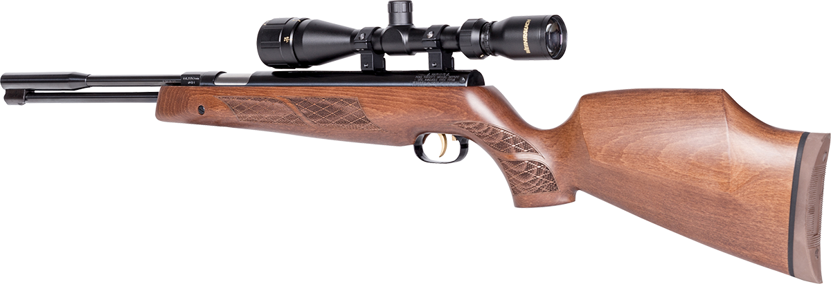 Das Luftgewehr Weihrauch HW 97 mit Buchenholzschaft in der Seitenansicht mit aufgesetztem Zielfenrohr