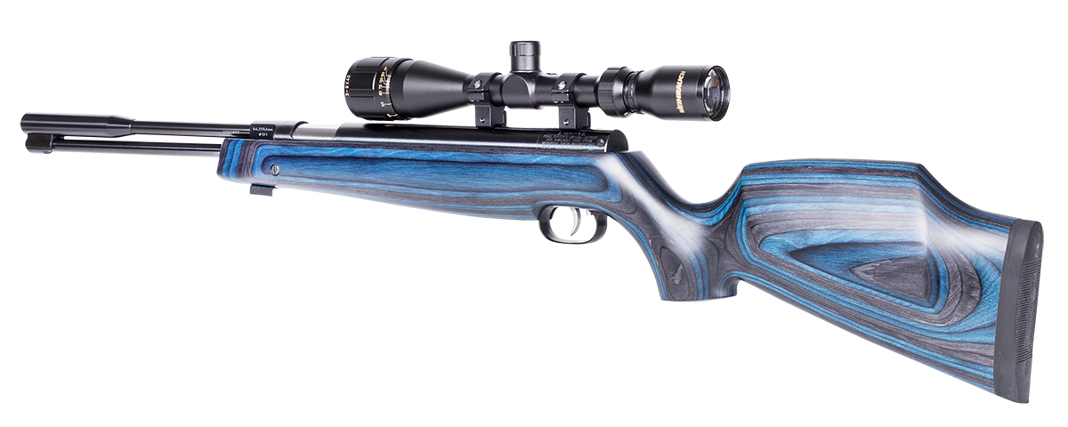 Das Luftgewehr Weihrauch HW 97 mit Schichtholzschaft in der Seitenansicht mit aufgesetztem Zielfenrohr