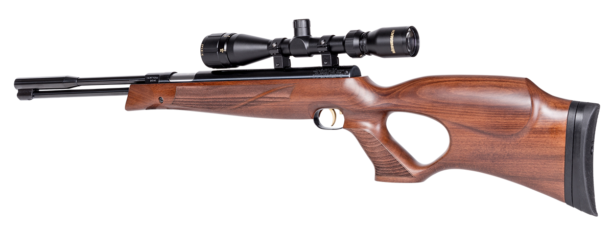 Das Luftgewehr Weihrauch HW 97KT mit Lochschaft in der Seitenansicht mit aufgesetztem Zielfenrohr